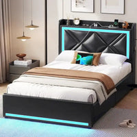 Cadre de lit avec lumières LED, tête de lit et station de charge USB-C/A, 4 tiroirs