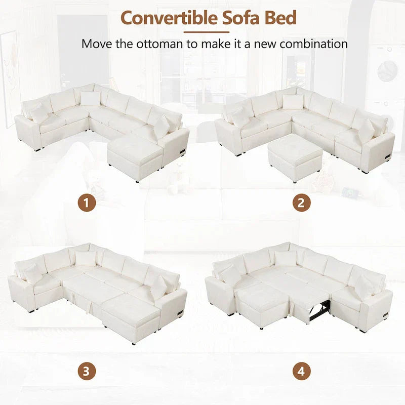 Canapé sectionnel en chenille avec canapé-lit escamotable, canapé-lit en forme de L avec ottoman de rangement, 3 coussins et prises de charge
