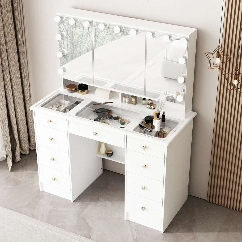 Coiffeuse de maquillage avec miroir triptyque, certifiée, éclairage, dessus en verre, commode