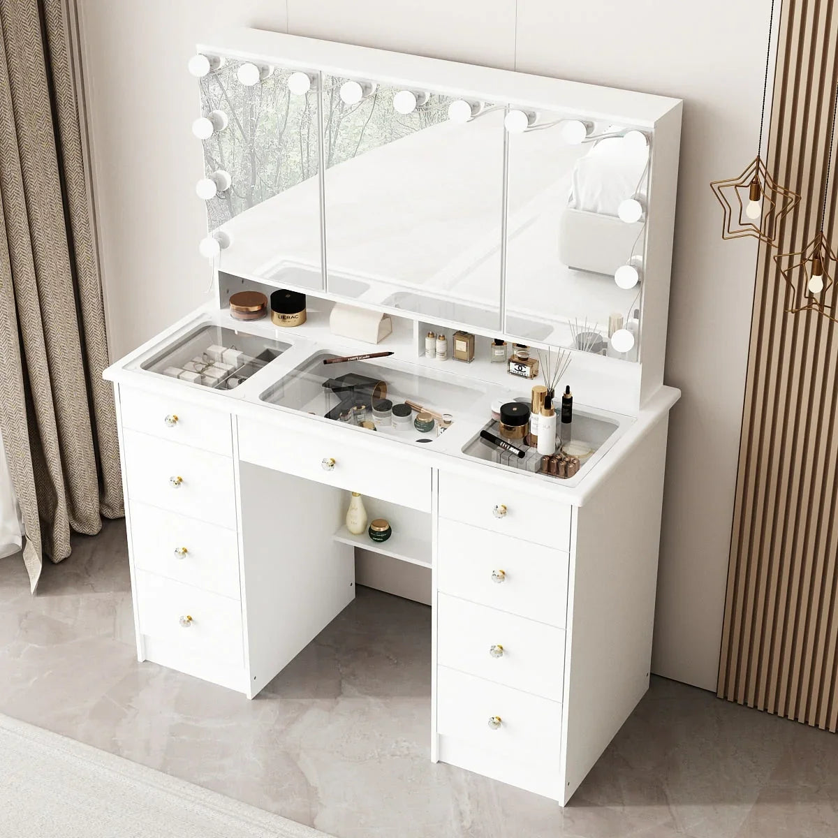 Coiffeuse de maquillage avec miroir triptyque, certifiée, éclairage, dessus en verre, commode