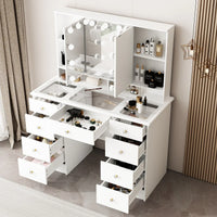 Coiffeuse de maquillage avec miroir triptyque, certifiée, éclairage, dessus en verre, commode
