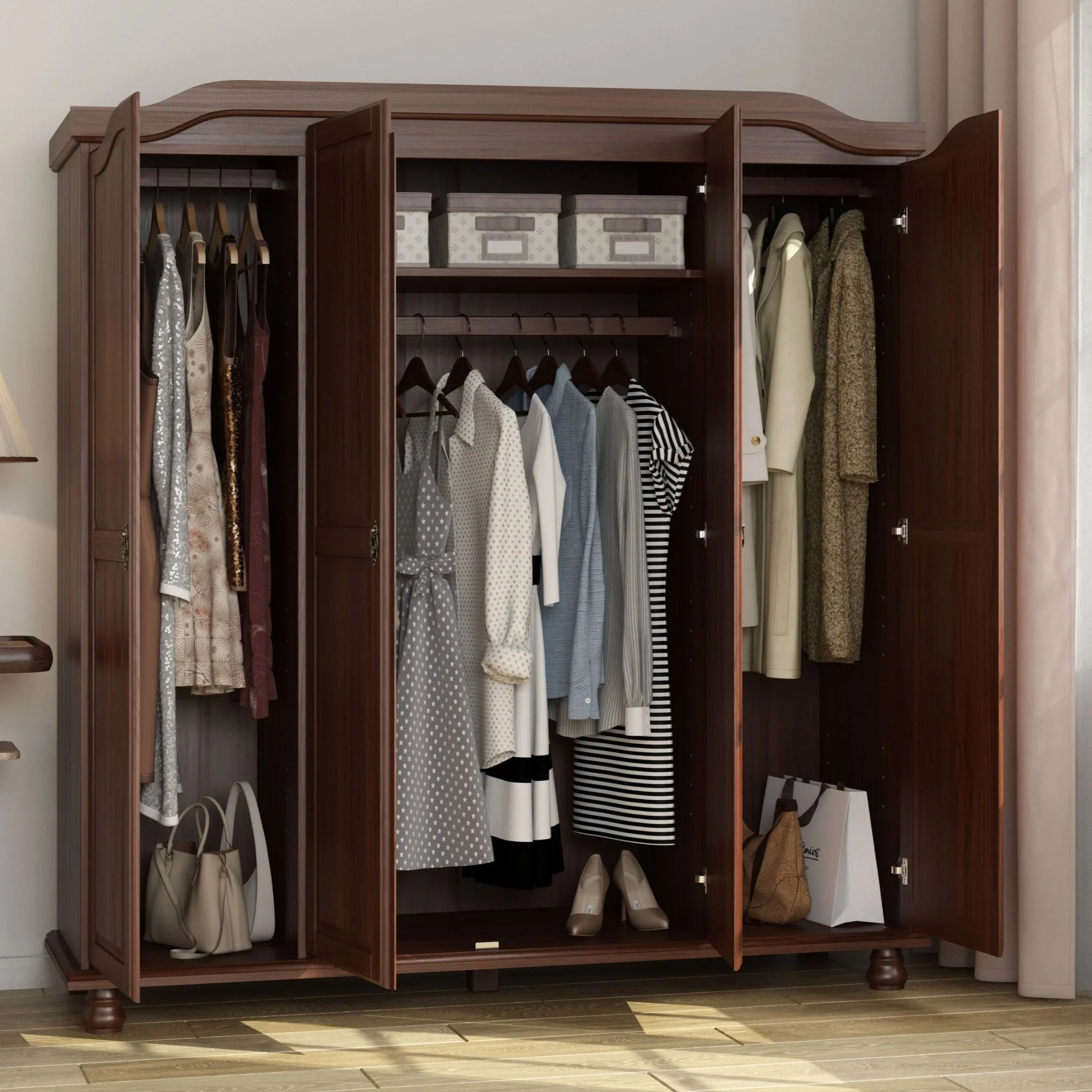 Palace Imports Armoire-penderie Kyle 4 portes 100% bois massif avec portes en bois massif ou miroir