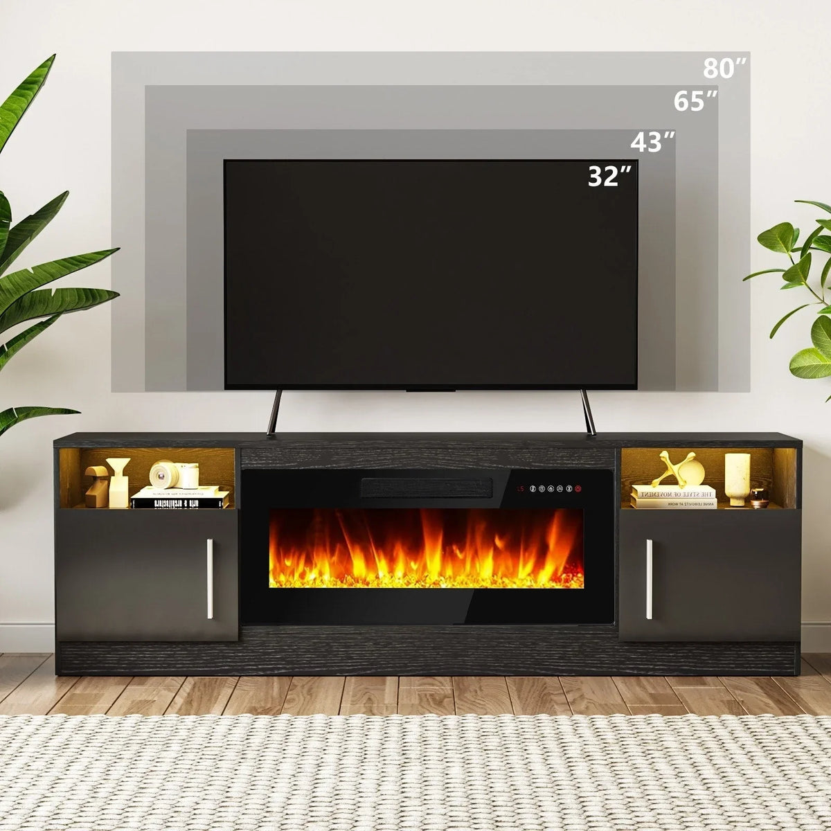 Bossin Meuble TV avec foyer 70 avec foyer électrique 36, meuble TV pour téléviseurs jusqu'à 80, LED 16 couleurs/meuble de divertissement