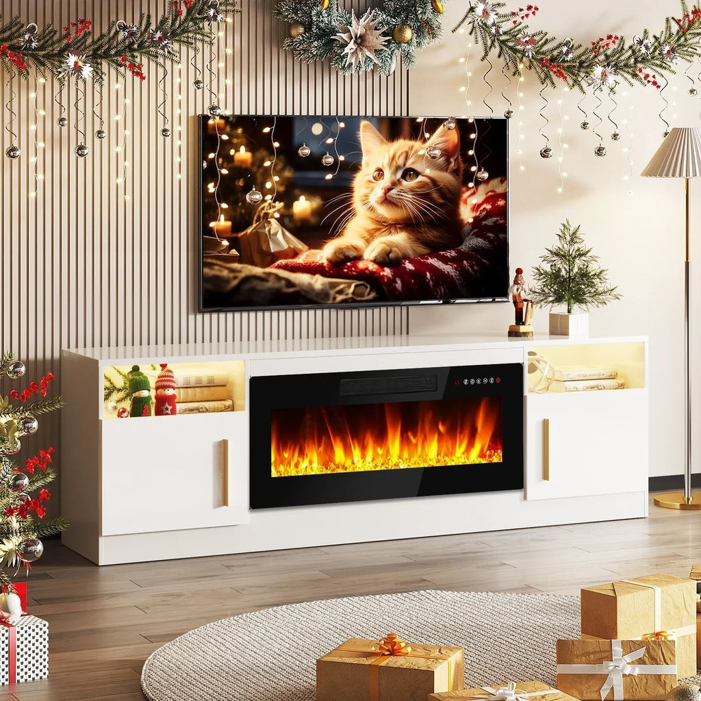 Bossin Meuble TV avec foyer 70 avec foyer électrique 36, meuble TV pour téléviseurs jusqu'à 80, LED 16 couleurs/meuble de divertissement