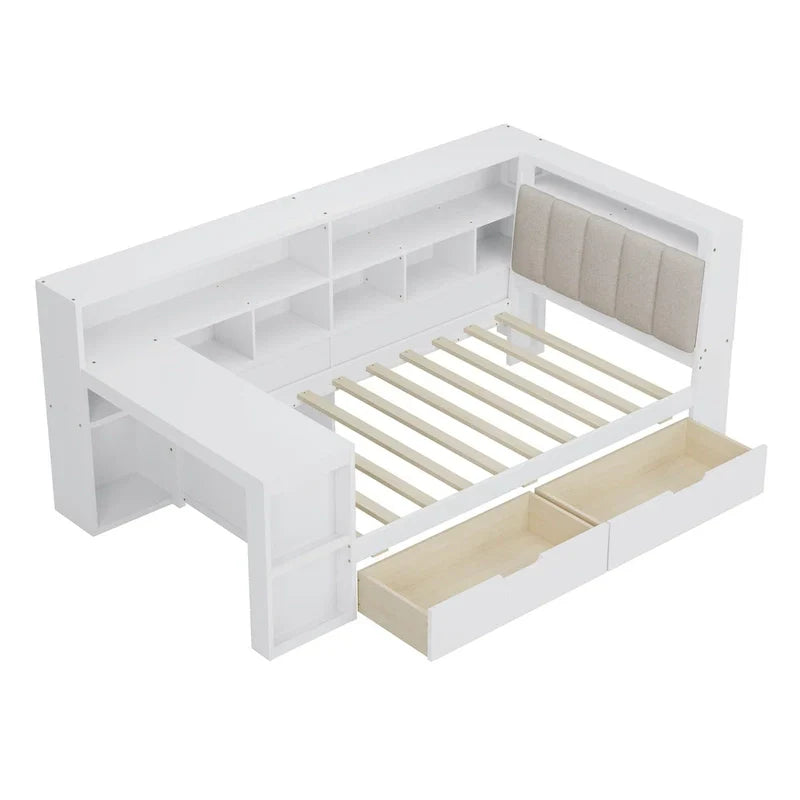 Canapé lit de jour en bois en forme de L avec bureau, bibliothèque, lit d'angle avec tiroirs sous le lit, tête de lit tapissée et éclairage intégré