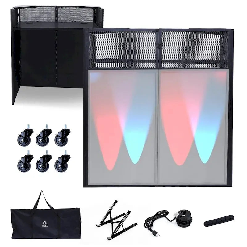 Ensemble de table de cabine DJ portable avec éclairage intégré, étui de transport robuste et dimensions compactes 40x20 pouces