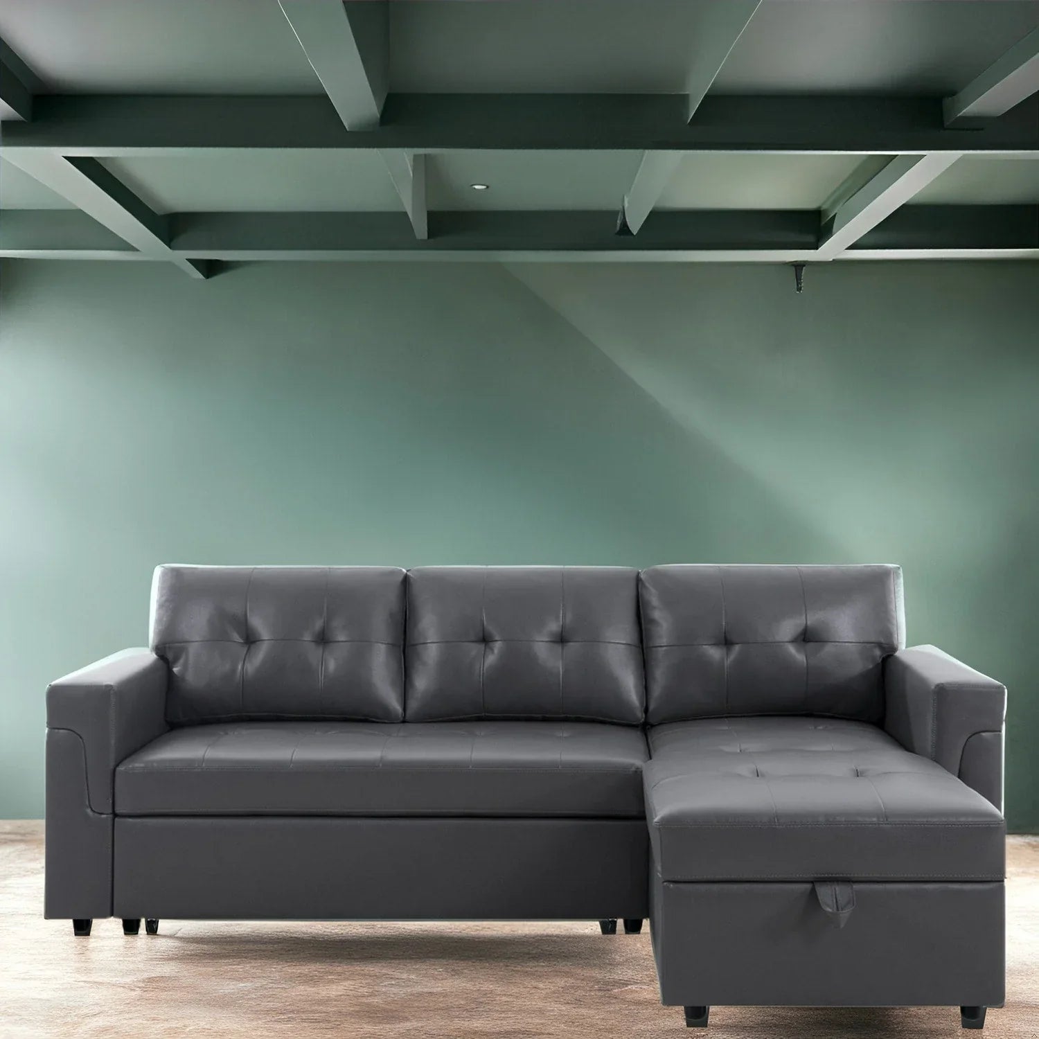 Canapé sectionnel réversible avec lit escamotable, méridienne de rangement dissimulée, pieds durables,