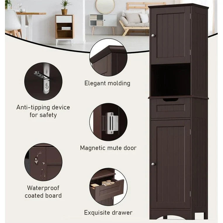 Meuble de salle de bain haut 67 H, tour à linge étroite, meuble de rangement avec 2 portes et tiroir