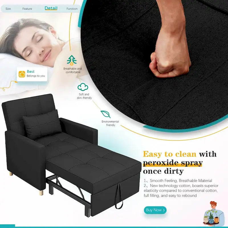AECOJOY - Fauteuil convertible 3 en 1 avec coussin et dossier inclinable