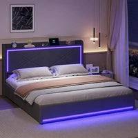 Cadre de lit avec lumières LED, tête de lit et station de charge USB-C/A, 4 tiroirs