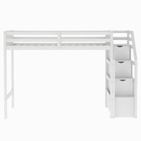 Lit mezzanine double sur lit double en bois avec escalier, balustrades hautes et échelle