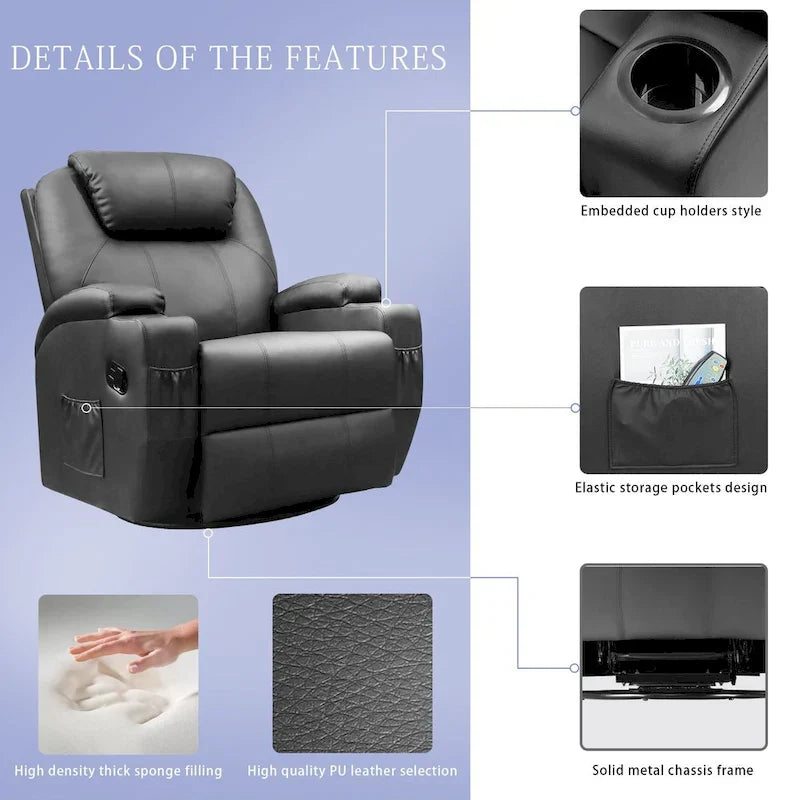 Fauteuil Inclinable de Massage Pivotant Chauffant en Similicuir pour Salon
