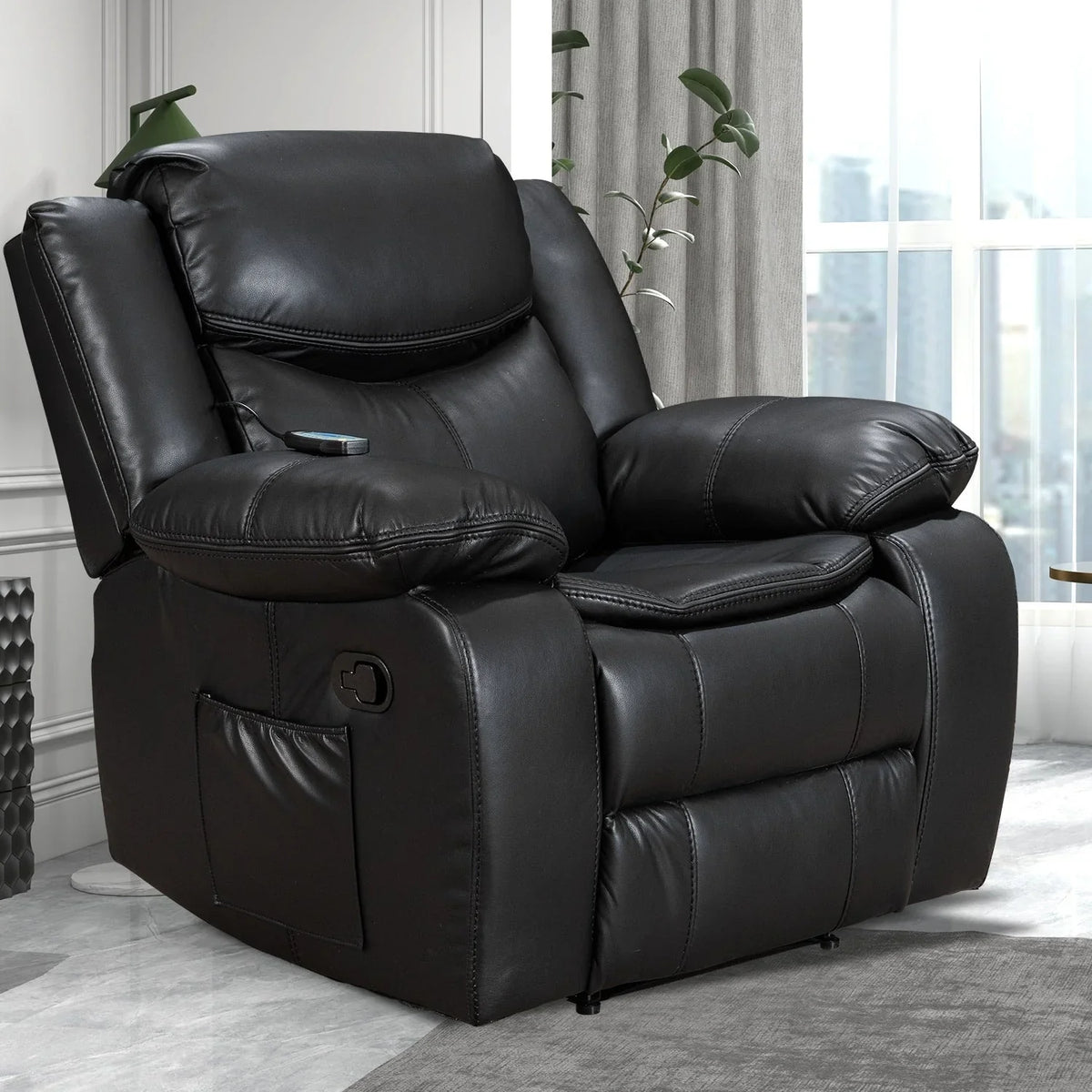 Fauteuil inclinable de massage et chaleur en cuir durable à assise large