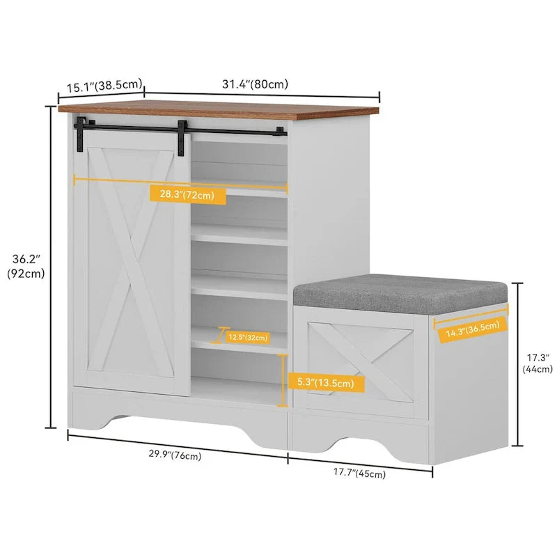 Meuble à chaussures farmhouse avec porte coulissante, banc à chaussures, meuble de rangement à 5 niveaux avec étagères réglables pour 20 paires