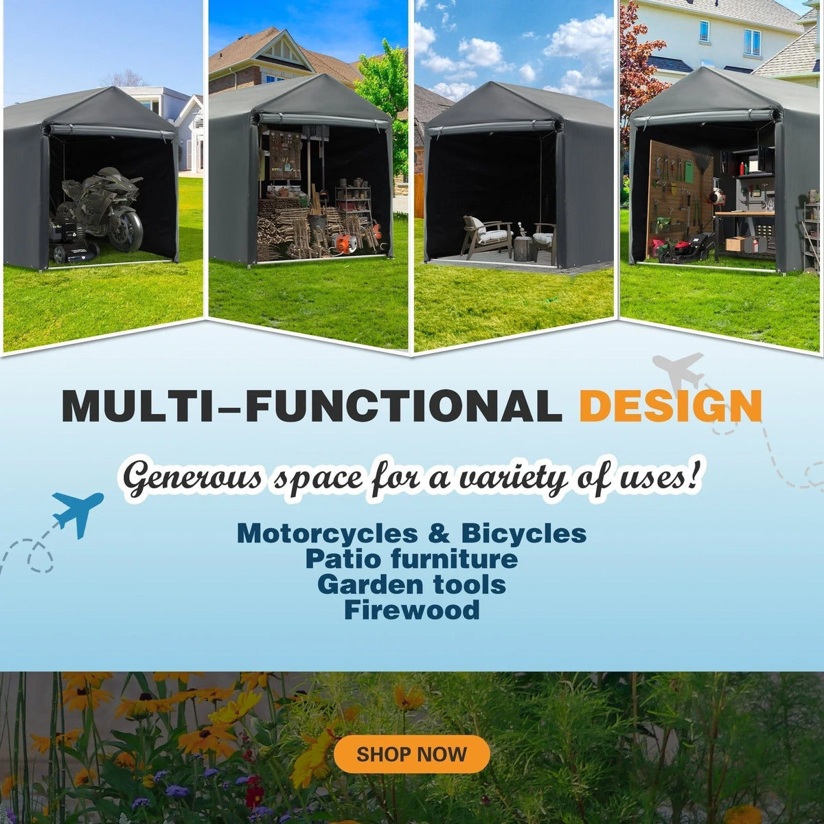 Abri de rangement extérieur et auvent carport : abri portable pour vélos, motos et rangement de jardin