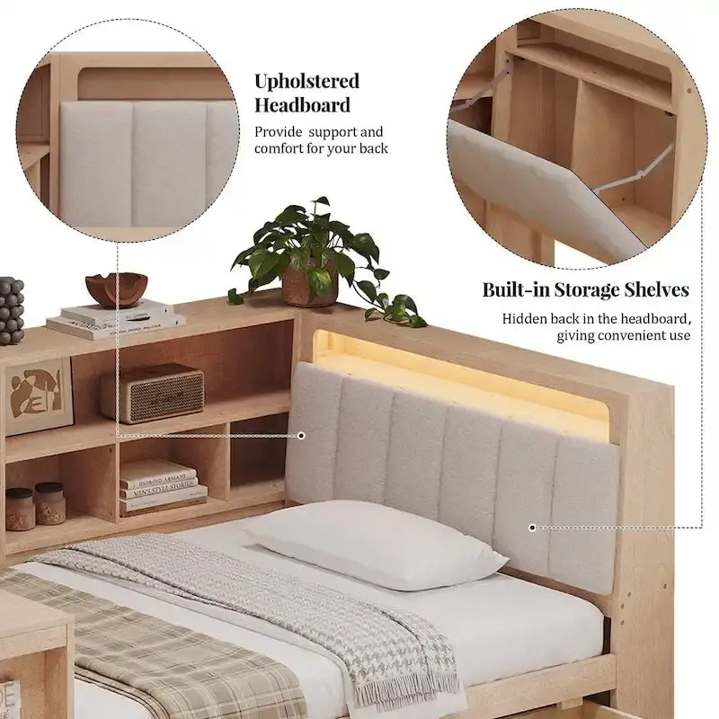 Canapé lit de jour en bois en forme de L avec bureau, bibliothèque, lit d'angle avec tiroirs sous le lit, tête de lit tapissée et éclairage intégré