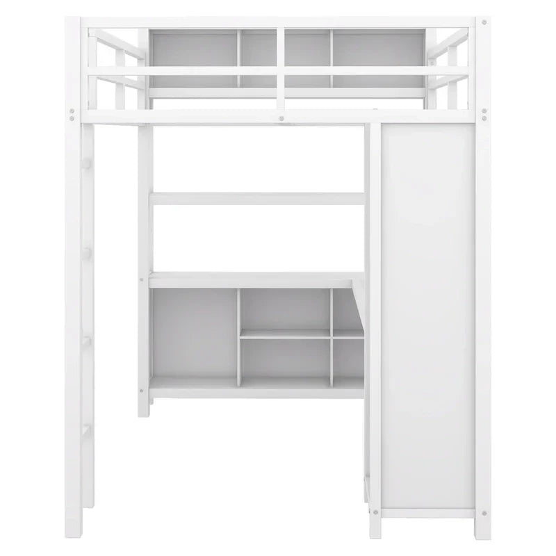 Lit mezzanine en métal blanc cassé avec bureau et armoire - Grand lit