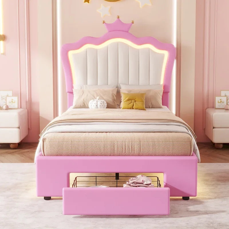Cadre de lit simple rembourré avec éclairage LED, lit de princesse moderne à tête de lit en couronne, un tiroir, rose+blanc