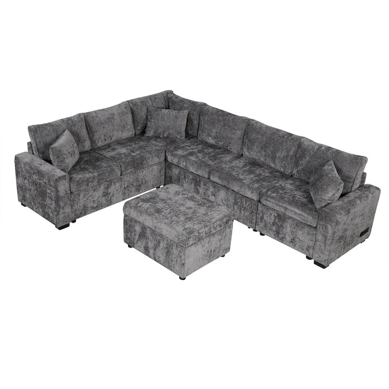 Canapé sectionnel en chenille avec canapé-lit escamotable, canapé-lit en forme de L avec ottoman de rangement, 3 coussins et prises de charge