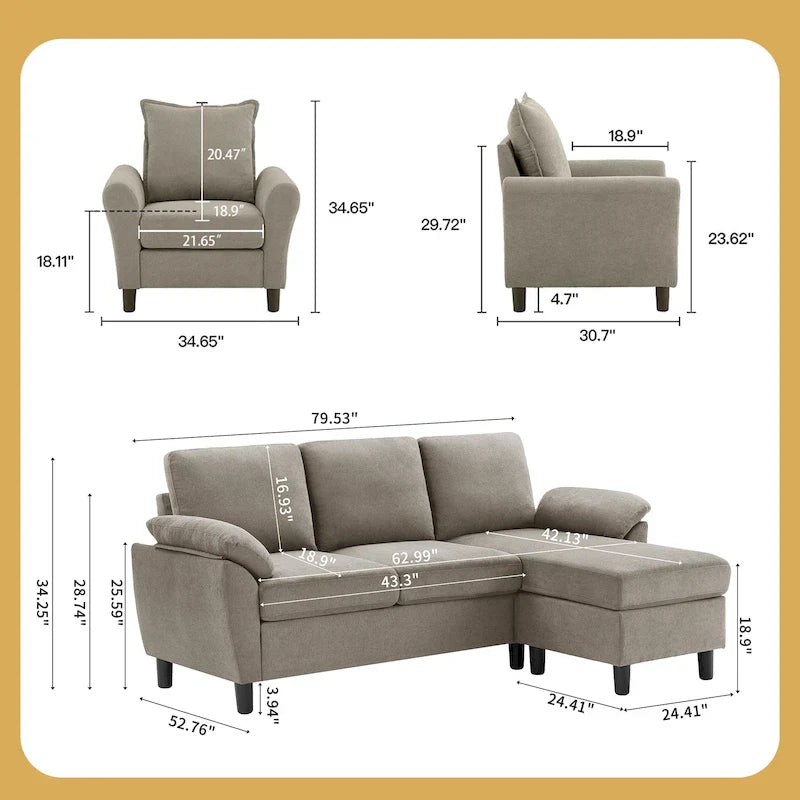 Canapé d'angle 3 places avec fauteuil et pouf pour salon