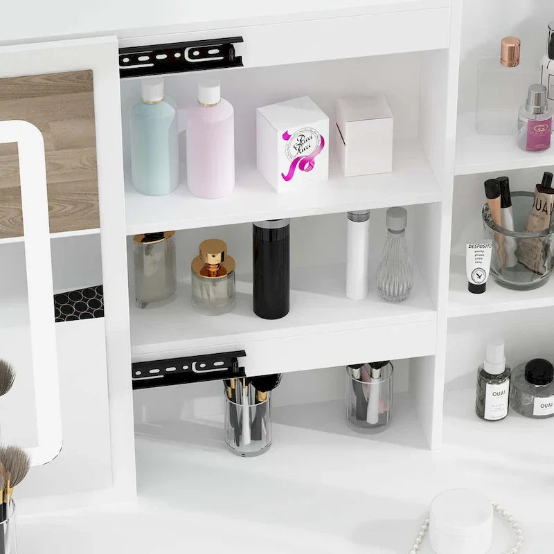 Coiffeuse Blanche avec Miroir LED et Tabouret - 100 cm de Large