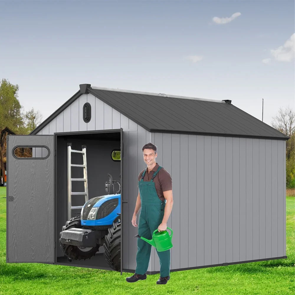 Abri de rangement extérieur en résine tout temps 6 pi x 4 pi/6 pi x 8 pi/8 pi x 6 pi/8 pi x 10 pi avec plancher, abri à outils Spire