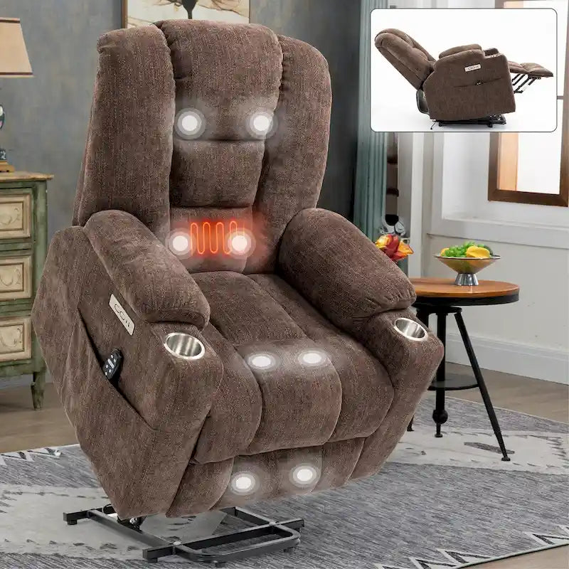 Fauteuil releveur électrique avec massage et chauffage, fauteuils inclinables larges rembourrés Lazy Boy avec USB, ports Type C et 2 porte-gobelets en acier