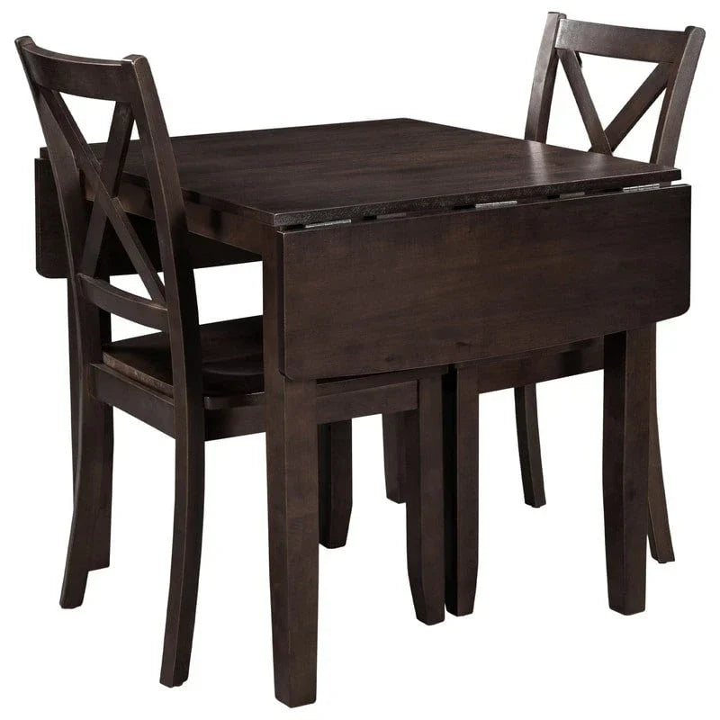 Ensemble de salle à manger 3 pièces avec table à rabats en bois et 2 chaises à dossier en X pour petits espaces