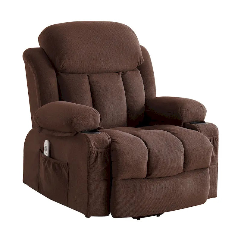 Fauteuil releveur électrique gris avec massage chauffant, charge USB, télécommande et poches latérales pratiques pour seniors