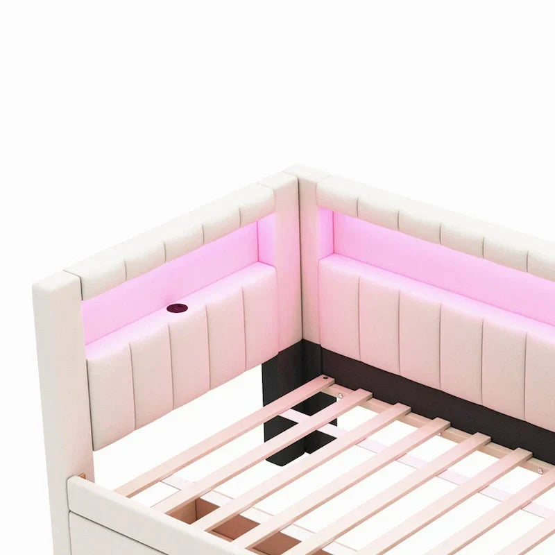 Lit plateforme rembourré avec ports USB et éclairage LED - Cadre de lit double/simple avec 2 tiroirs de rangement - Chambre à coucher moderne