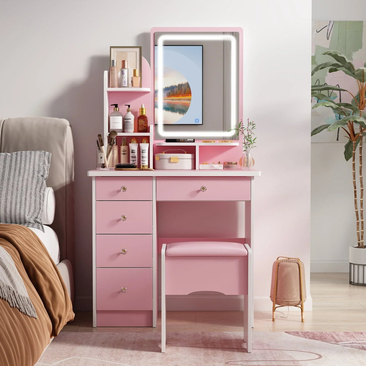 Ensemble coiffeuse table de maquillage avec lumière LED & miroir & tabouret