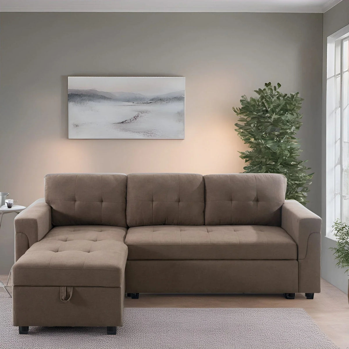 Canapé sectionnel convertible réversible avec lit escamotable, méridienne de rangement dissimulée et pieds durables
