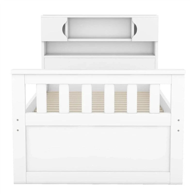 Lit plateforme capitaine double/grand avec 4 tiroirs et étagères de rangement, cadre de lit en bois massif avec tête de lit bibliothèque de rangement