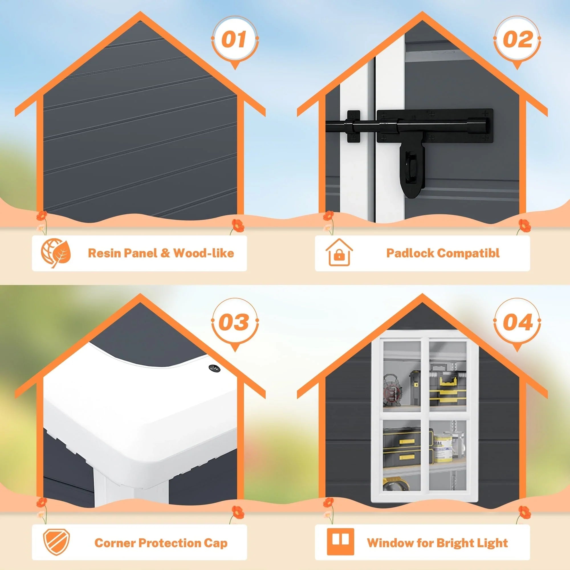 Abri de rangement extérieur en résine tout temps 6 pi x 4 pi/6 pi x 8 pi/8 pi x 6 pi/8 pi x 10 pi avec plancher, abri à outils Spire