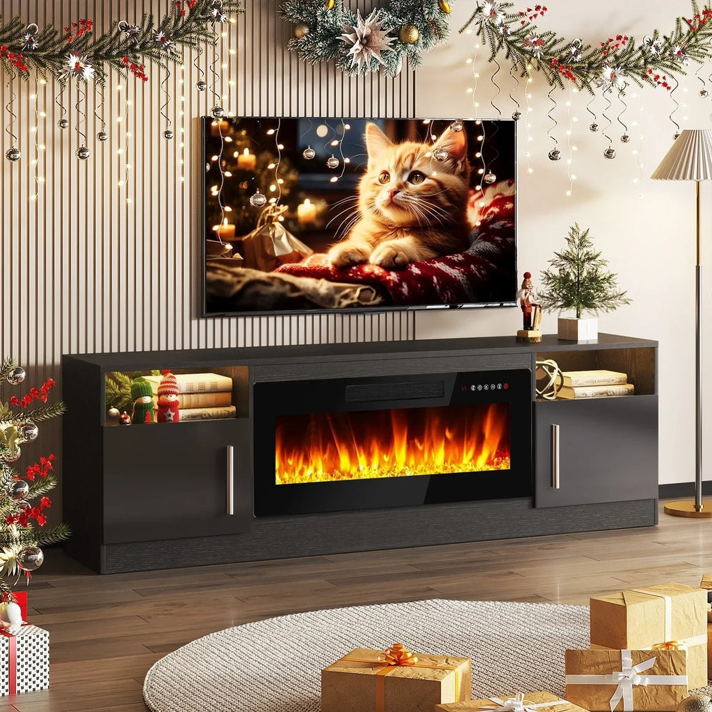 Bossin Meuble TV avec foyer 70 avec foyer électrique 36, meuble TV pour téléviseurs jusqu'à 80, LED 16 couleurs/meuble de divertissement