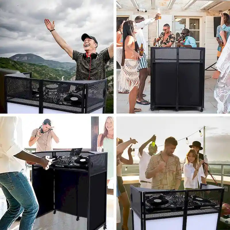 Ensemble de table de cabine DJ portable avec éclairage intégré, étui de transport robuste et dimensions compactes 40x20 pouces