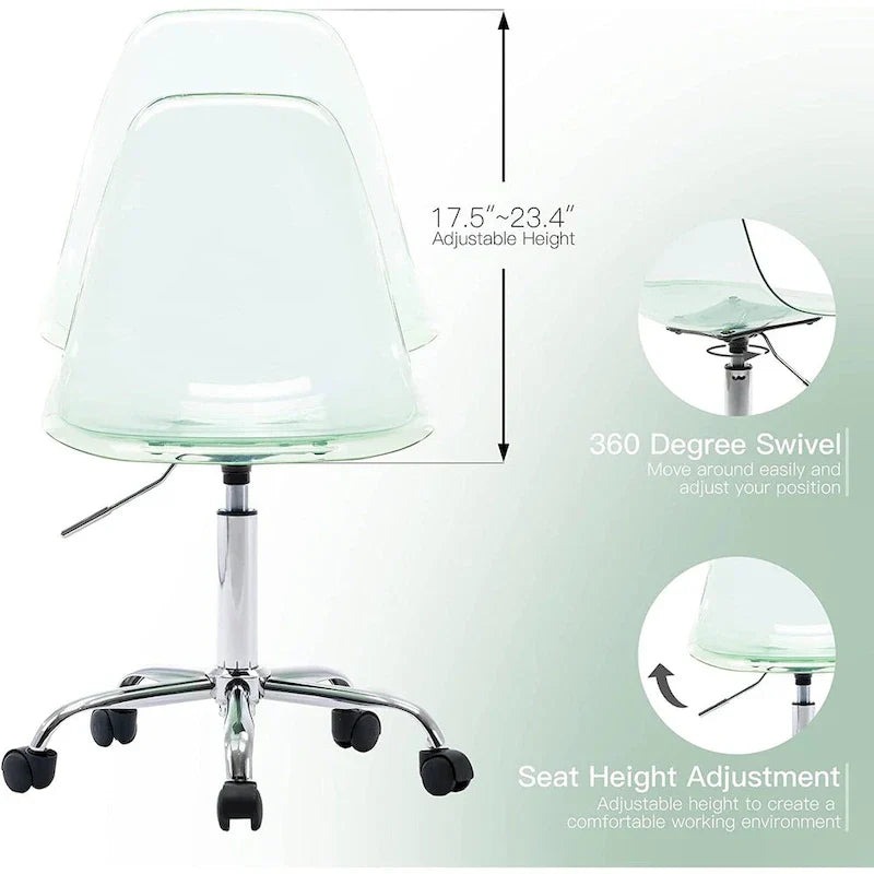Chaise de bureau à roulettes sans accoudoirs, réglable en hauteur, en acrylique pivotant