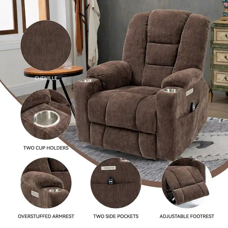 Fauteuil releveur électrique avec massage et chauffage, fauteuils inclinables larges rembourrés Lazy Boy avec USB, ports Type C et 2 porte-gobelets en acier
