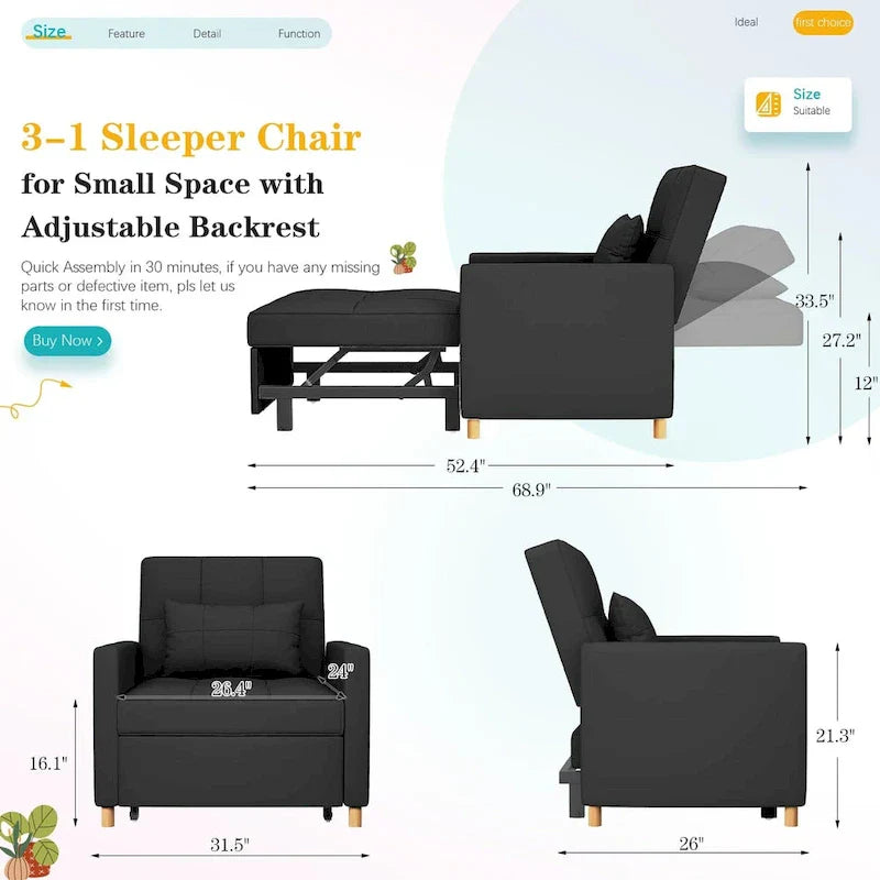 AECOJOY - Fauteuil convertible 3 en 1 avec coussin et dossier inclinable