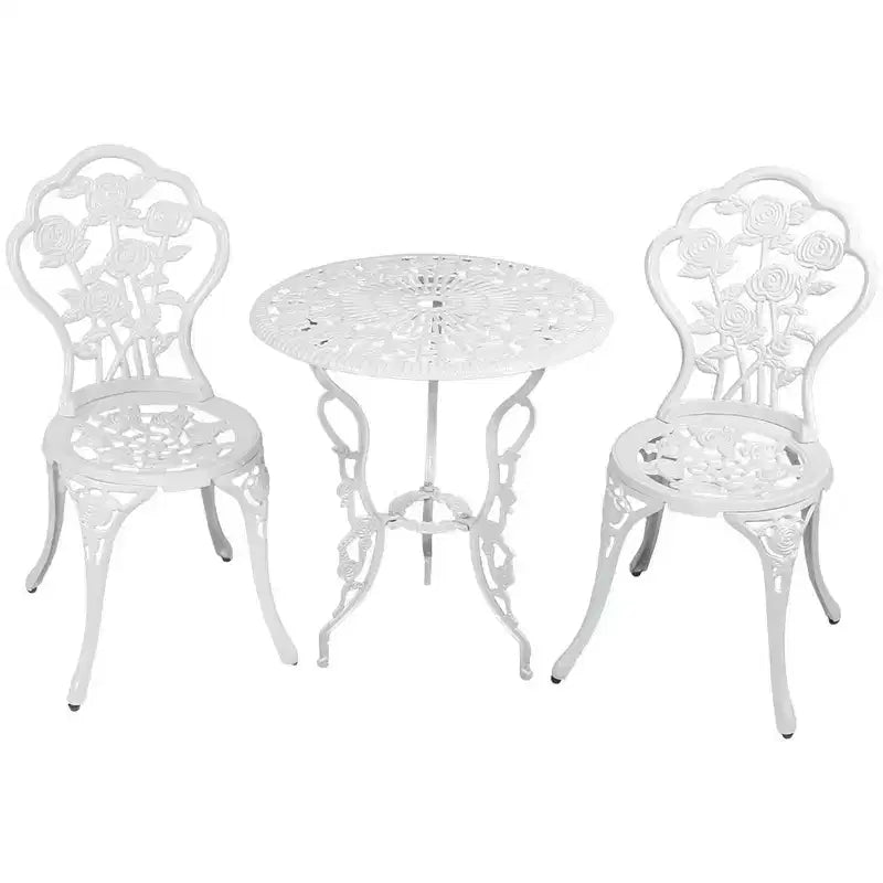 Ensemble de bistrot Sunnydaze 3 pièces en fonte d'aluminium et pieds en fonte, motif floral, blanc