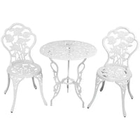 Ensemble de bistrot Sunnydaze 3 pièces en fonte d'aluminium et pieds en fonte, motif floral, blanc