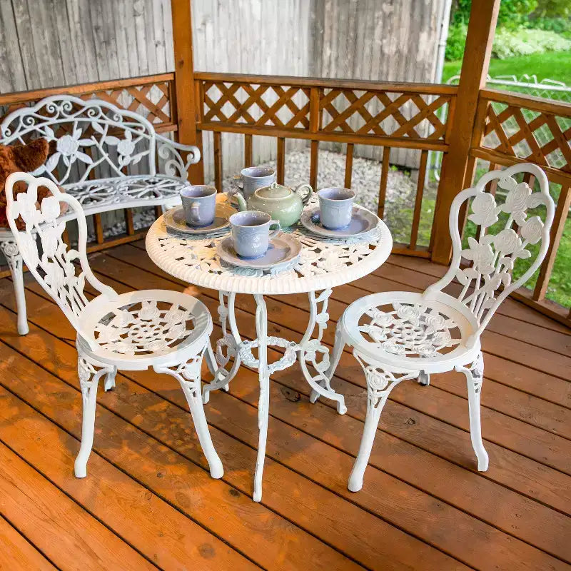 Ensemble de bistrot Sunnydaze 3 pièces en fonte d'aluminium et pieds en fonte, motif floral, blanc