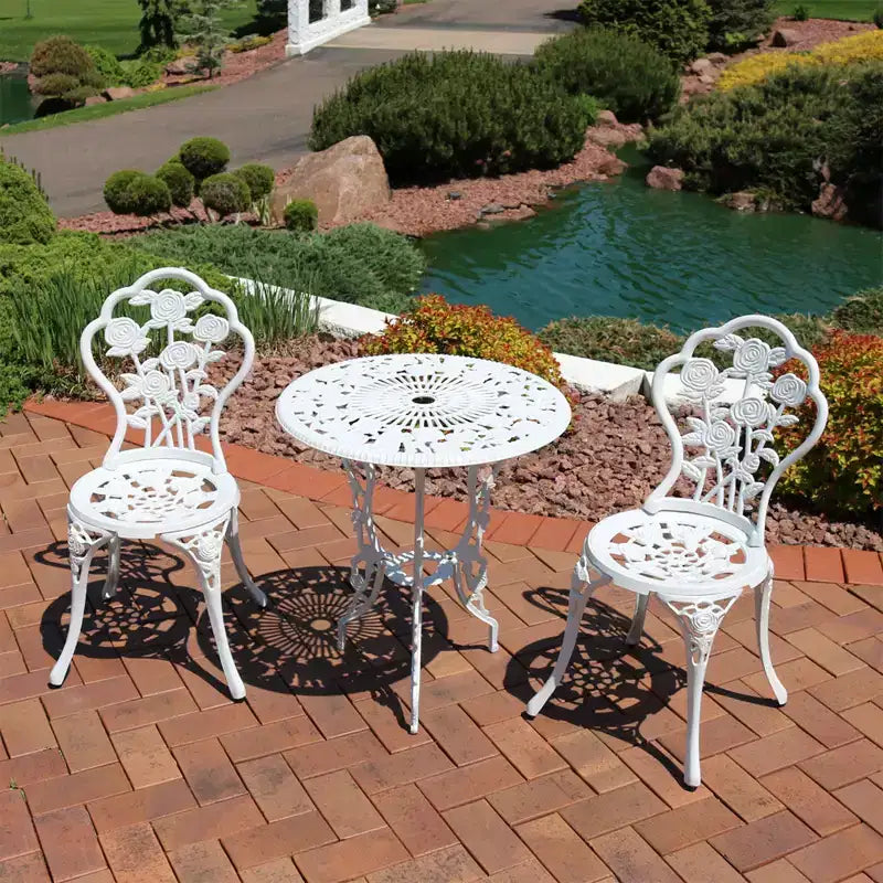 Ensemble de bistrot Sunnydaze 3 pièces en fonte d'aluminium et pieds en fonte, motif floral, blanc