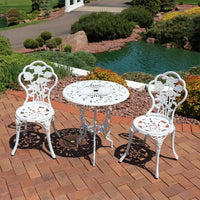 Ensemble de bistrot Sunnydaze 3 pièces en fonte d'aluminium et pieds en fonte, motif floral, blanc