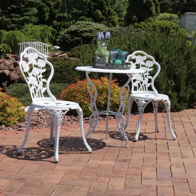 Ensemble de bistrot Sunnydaze 3 pièces en fonte d'aluminium et pieds en fonte, motif floral, blanc