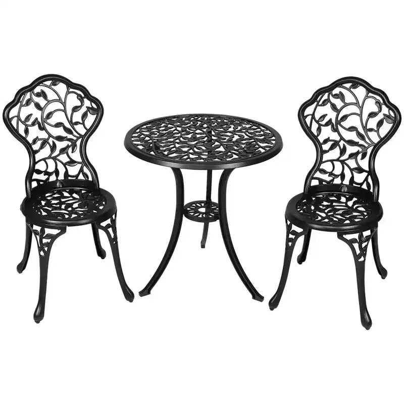 Sunnydaze Ensemble bistro de patio d'extérieur en fonte d'aluminium au design floral, noir, 3 pièces