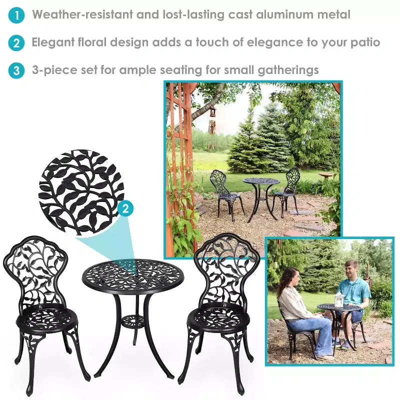Sunnydaze Ensemble bistro de patio d'extérieur en fonte d'aluminium au design floral, noir, 3 pièces