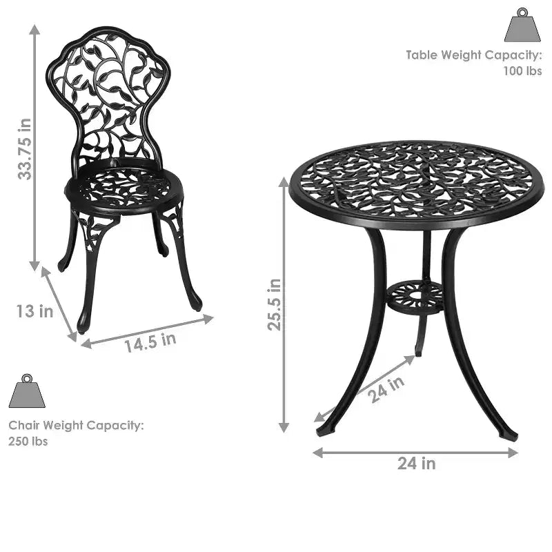 Sunnydaze Ensemble bistro de patio d'extérieur en fonte d'aluminium au design floral, noir, 3 pièces