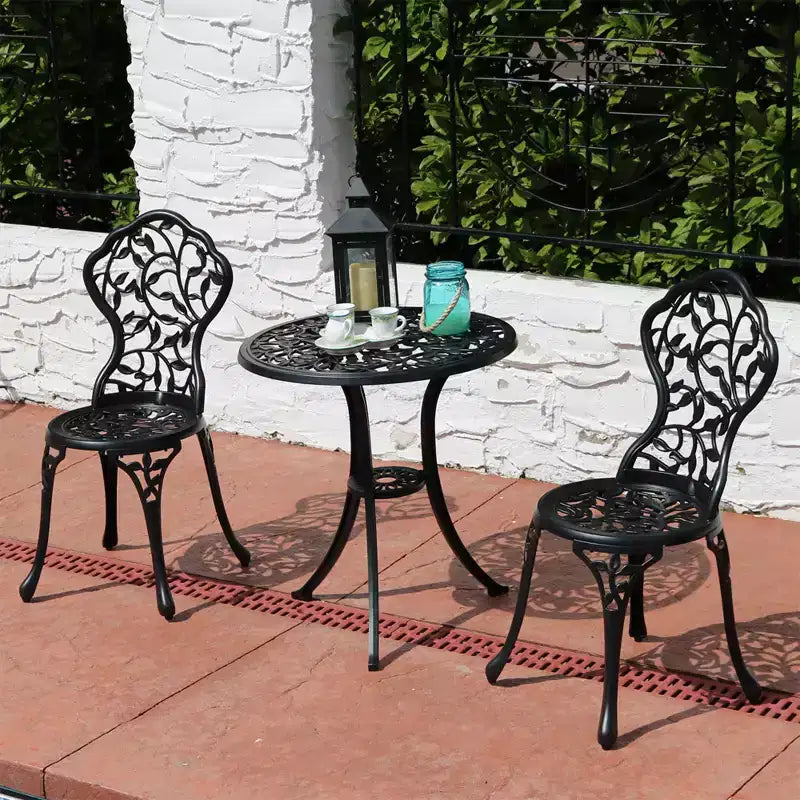 Sunnydaze Ensemble bistro de patio d'extérieur en fonte d'aluminium au design floral, noir, 3 pièces