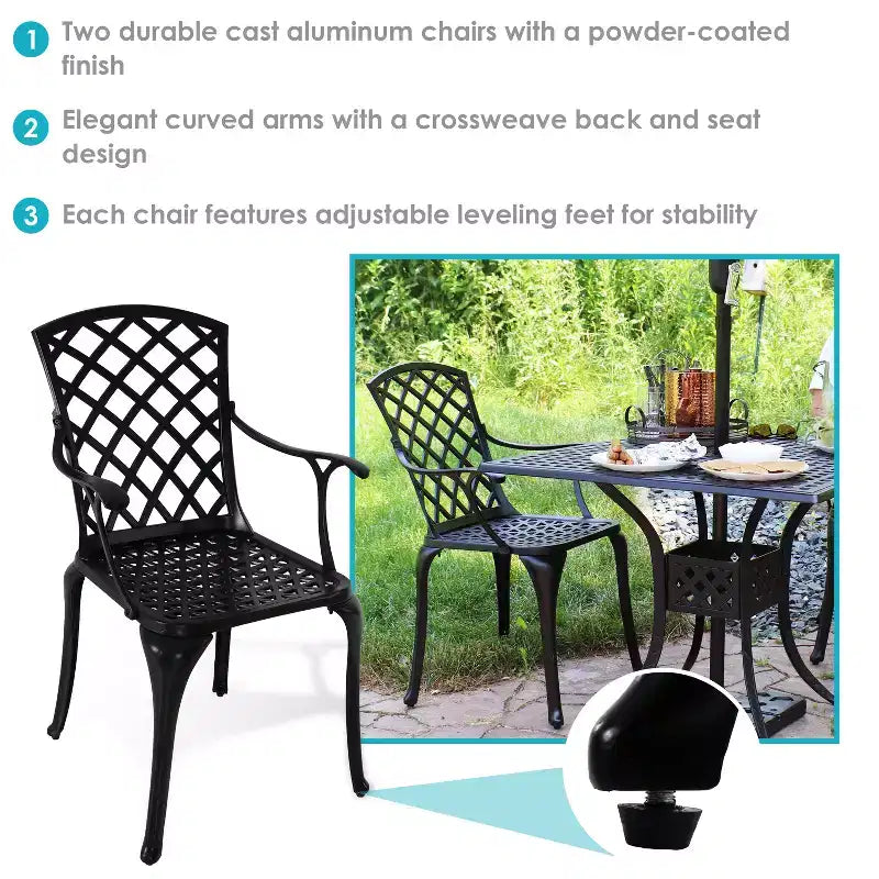 Sunnydaze Chaise de salle à manger de terrasse d'extérieur en aluminium moulé noir à tissage croisé, lot de 2